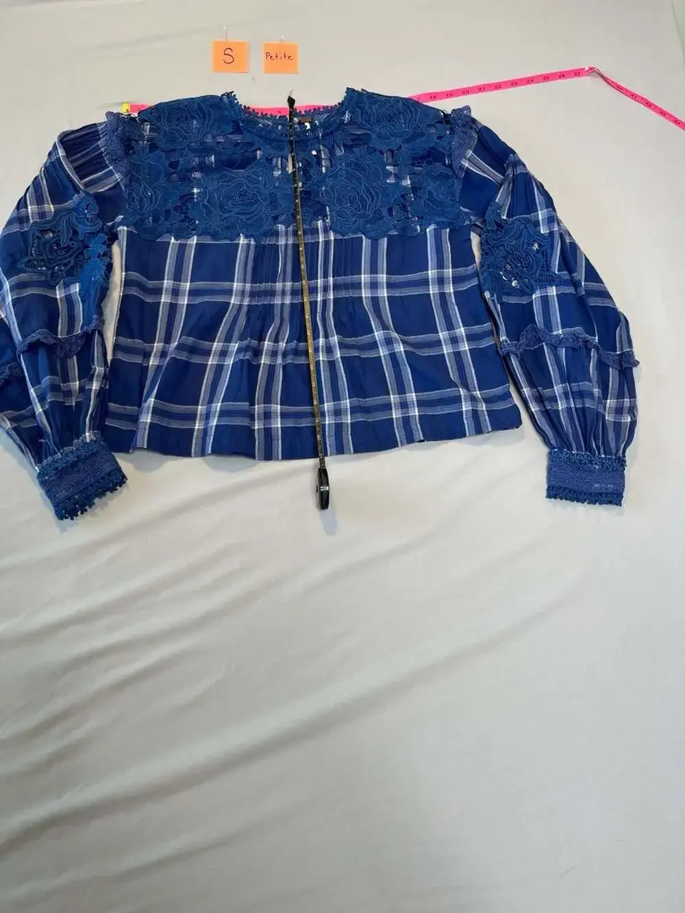 Free People Darling Diana Blue Plaid Lace Boho Cottagecore Prairie Top